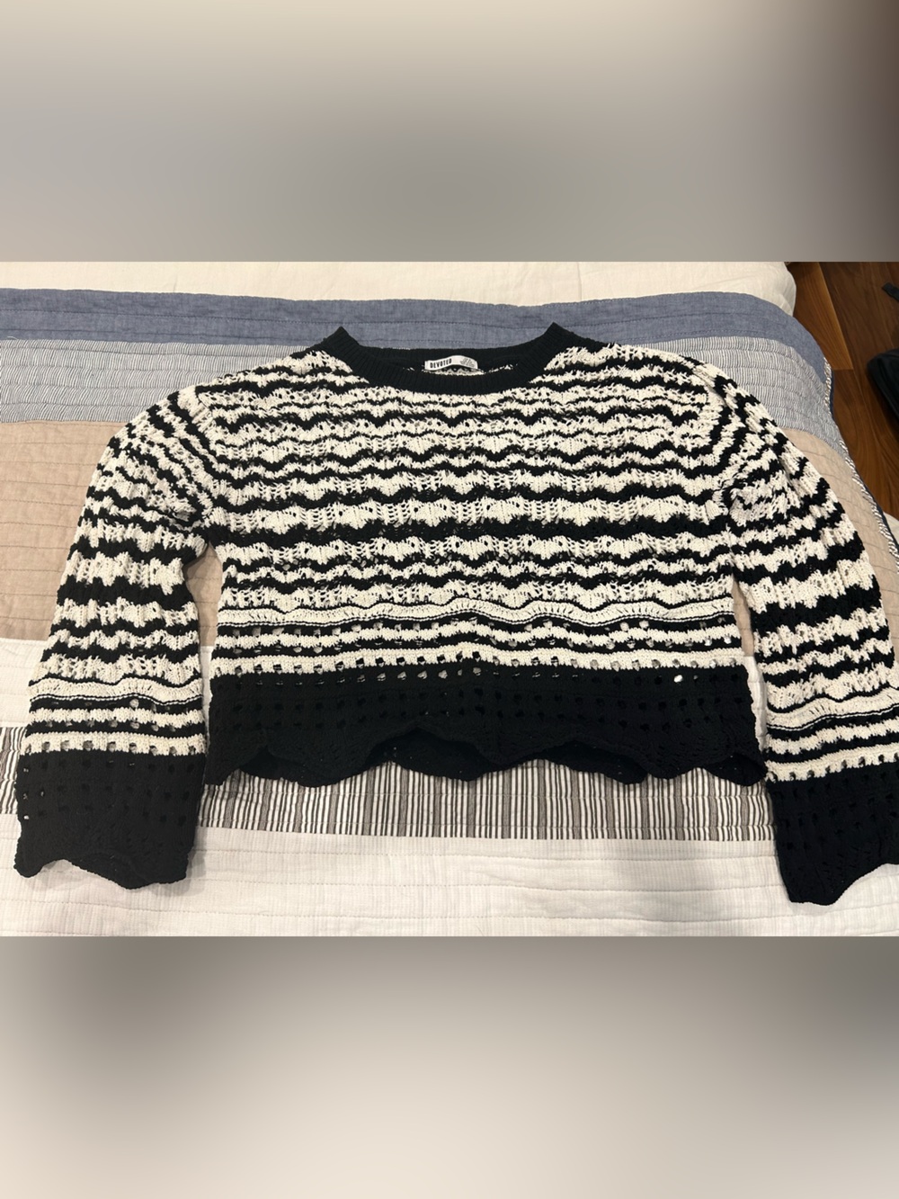 Striped Black and White Crochet Crewneck Sweater